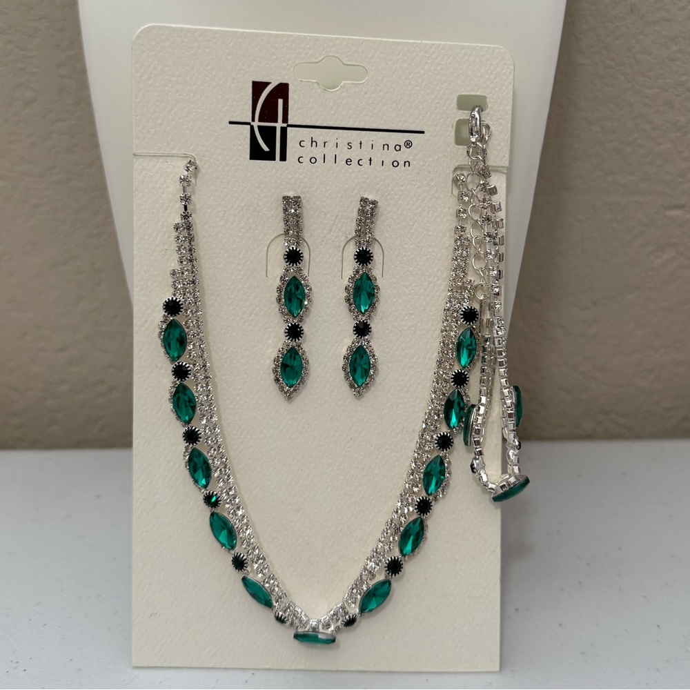 Christina Collection Silver and Green Rhinestone Jewelry Set